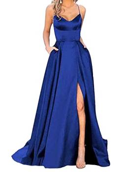 shownicer Damen Elegant Lange Ballkleider mit Taschen Satin A-Linie Backless Hochzeitskleid Neckholder Rückenfrei Lange Kleider Party Abendkleid Seitenschlitz Hochzeit Festtagskleid A Blauer See S von shownicer