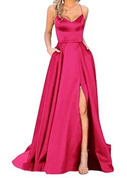 shownicer Damen Elegant Lange Ballkleider mit Taschen Satin A-Linie Backless Hochzeitskleid Neckholder Rückenfrei Lange Kleider Party Abendkleid Seitenschlitz Hochzeit Festtagskleid A Rosenrot S von shownicer