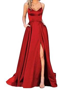 shownicer Damen Elegant Lange Ballkleider mit Taschen Satin A-Linie Backless Hochzeitskleid Neckholder Rückenfrei Lange Kleider Party Abendkleid Seitenschlitz Hochzeit Festtagskleid A Rot M von shownicer