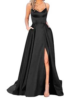 shownicer Damen Elegant Lange Ballkleider mit Taschen Satin A-Linie Backless Hochzeitskleid Neckholder Rückenfrei Lange Kleider Party Abendkleid Seitenschlitz Hochzeit Festtagskleid A Schwarz S von shownicer