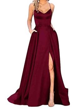 shownicer Damen Elegant Lange Ballkleider mit Taschen Satin A-Linie Backless Hochzeitskleid Neckholder Rückenfrei Lange Kleider Party Abendkleid Seitenschlitz Hochzeit Festtagskleid A Wein M von shownicer