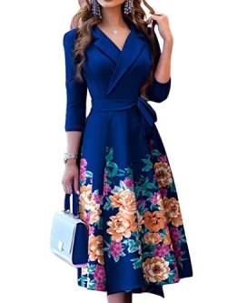 shownicer Damen Faltenrock Kleider Elegant Blumen Cocktailkleid Retro Rockabilly 50er A-Line 3/4 Ärmel Rundhals Knielang Kleid Midilang Abendkleider C Blau M von shownicer