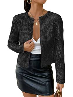 shownicer Damen Glänzend Pailletten Blazer Jacke Langarm Cardigan Tops Kurz Oberteile Eleganter Blazer Glitzer Clubwear Outfits Party Tops A Schwarz M von shownicer