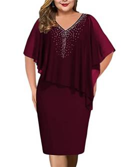 shownicer Damen Große Größen Chiffon Cape Bleistiftkleid Elegant Rundhals Cocktailkleid Abendkleid Bodycon Bleistift Festlich Kleider B Rot 3XL von shownicer