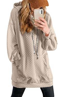 shownicer Damen Hoodie Langarm Sweatshirts mit Kapuze Kapuzenpullover Lang Kleid Sweatkleid Casual Minikleid mit Taschen A Beige L von shownicer