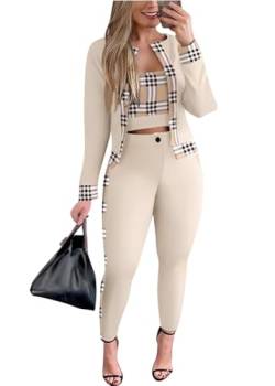 shownicer Damen Hosenanzug 3 Teiliges Set Spitze Shirt Und Hohe Hosenanzug Dreiteilig Hosenanzug Cocktail Party Spitzen Lange Hose Abendanzug Outfit A Aprikose L von shownicer