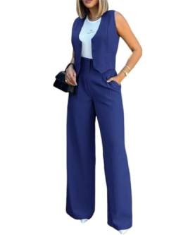 shownicer Damen Hosenanzug Elegant Business Anzug Blazer Hose 2-teilig Set Zweiteiler Slimfit Hosen + Weste Mode 2 Teiler Festlich Sportlich Streetwear Formal Festlicher Suit A Blau XL von shownicer