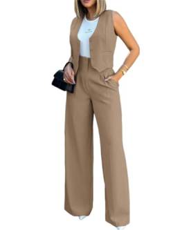 shownicer Damen Hosenanzug Elegant Business Anzug Blazer Hose 2-teilig Set Zweiteiler Slimfit Hosen + Weste Mode 2 Teiler Festlich Sportlich Streetwear Formal Festlicher Suit A Khaki S von shownicer