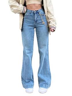 shownicer Damen Jeans Hose mit Hoher Taille Y2K Style Harajuku E-Girl Streetwear Hose Casual Baggy Vintage Flare Denim Hose Freizeit Loose Gerade Hosen A Blau 3XL von shownicer