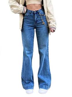 shownicer Damen Jeans Hose mit Hoher Taille Y2K Style Harajuku E-Girl Streetwear Hose Casual Baggy Vintage Flare Denim Hose Freizeit Loose Gerade Hosen A Dunkelblau M von shownicer