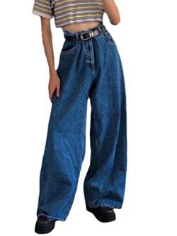 shownicer Damen Jeans Hose mit Hoher Taille Y2K Style Harajuku E-Girl Streetwear Hose Casual Baggy Vintage Flare Denim Hose Freizeit Loose Gerade Hosen C Blau M von shownicer