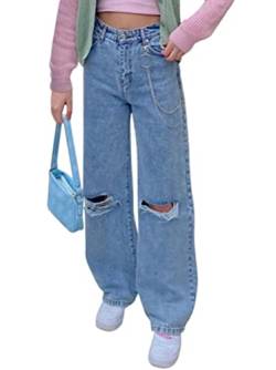 shownicer Damen Jeans Hose mit Hoher Taille Y2K Style Harajuku E-Girl Streetwear Hose Casual Baggy Vintage Flare Denim Hose Freizeit Loose Gerade Hosen von shownicer