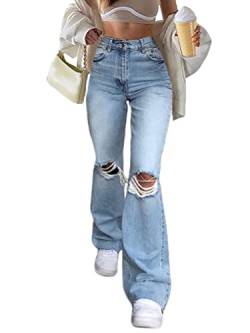 shownicer Damen Jeans Hose mit hoher Taille Y2K Style Harajuku E-Girl Streetwear Hose Casual Pants Slim Vintage Flare Denim Hose O Blau XS von shownicer