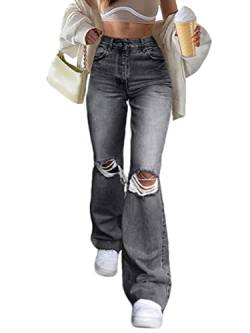 shownicer Damen Jeans Hose mit hoher Taille Y2K Style Harajuku E-Girl Streetwear Hose Casual Pants Slim Vintage Flare Denim Hose O Grau XXL von shownicer