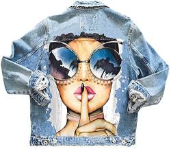 shownicer Damen Jeansjacke Blau Taschen Einreiher Zerrissene Graffiti Langarm Oversize Boyfriend Mode Denim Jacket Mädchen Oberbekleidung B Hellblau XS von shownicer