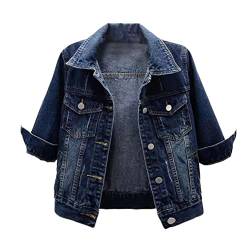 shownicer Damen Jeansjacke Übergangsjacke Leichte Jacke Denim Casual Vintage 3/4 Kurze Ärmel Kurz Schmal Blau Denim Jacke Tops Knopfleiste Crop Freizeitjacke A Blau XXL von shownicer