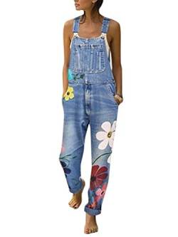 shownicer Damen Jeanslatzhose Latzhosen Lang Retro Jeanshose mit Blumendruck Loose Fit Denim Hose Freizeit Hüftjeans Blau 36 von shownicer