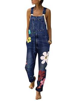 shownicer Damen Jeanslatzhose Latzhosen Lang Retro Jeanshose mit Blumendruck Loose Fit Denim Hose Freizeit Hüftjeans Dunkelblau 38 von shownicer