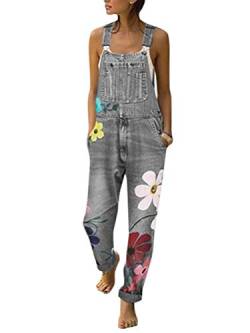 shownicer Damen Jeanslatzhose Latzhosen Lang Retro Jeanshose mit Blumendruck Loose Fit Denim Hose Freizeit Hüftjeans Grau 40 von shownicer