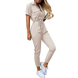 shownicer Damen Jumpsuit Lang Sommer V Ausschnitt Overall Kurzarm Einteiler Elegant Hosenanzug Playsuit Jogginganzug Romper mit Gürtel Strampler Spielanzug B Beige S von shownicer