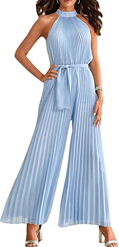 shownicer Damen Jumpsuit Sommer Overall Sexy Gestreiften Hosenanzug Ärmellos Playsuit Breites Bein Romper A Hellblau S von shownicer