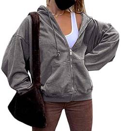 shownicer Damen Kapuzenjacke Hoodie Jacke Hip Hop Boyfriend Style Oberteile Basic Sweatjacke Übergangsjacke 01 Grau M von shownicer