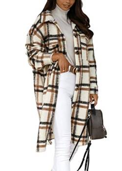 shownicer Damen Kariertes Taschen Knöpfen Langarm Oversize Bluse Mantel Lange Jacke Hemd Jacke Holzfällerjacke Mode Boyfriend Jacken Braun XXL von shownicer