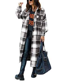 shownicer Damen Kariertes Taschen Knöpfen Langarm Oversize Bluse Mantel Lange Jacke Hemdjacke Holzfällerjacke Mode Boyfriend Jacken (L, Z4 Schwarz) von shownicer