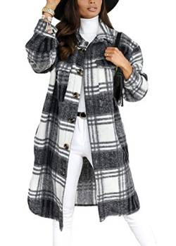 shownicer Damen Kariertes Taschen Knöpfen Langarm Oversize Bluse Mantel Lange Jacke Hemdjacke Holzfällerjacke Mode Boyfriend Jacken (M, Schwarz) von shownicer