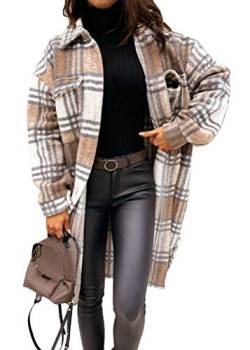 shownicer Damen Kariertes Taschen Knöpfen Langarm Oversize Bluse Mantel Lange Jacke Hemdjacke Holzfällerjacke Mode Boyfriend Jacken Z1 Khaki M von shownicer