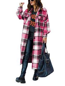 shownicer Damen Kariertes Taschen Knöpfen Langarm Oversize Bluse Mantel Lange Jacke Hemdjacke Holzfällerjacke Mode Boyfriend Jacken Z4 Rosa L von shownicer