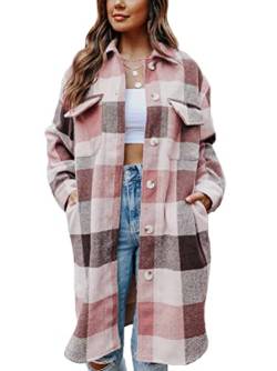 shownicer Damen Kariertes Taschen Knöpfen Langarm Oversize Bluse Mantel Lange Jacke Hemdjacke Holzfällerjacke Mode Boyfriend Jacken Z7 Rosa XXL von shownicer