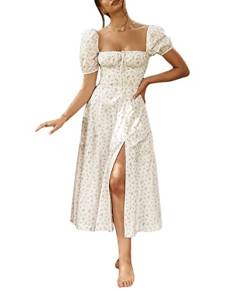 shownicer Damen Kleider Sexy Schulterfrei Blumen Sommerkleid Hohe Taille Lange Strandkleid Puffärmel Boho Kleid Kordelzug Maxikleid mit Schlitz A Beige L von shownicer