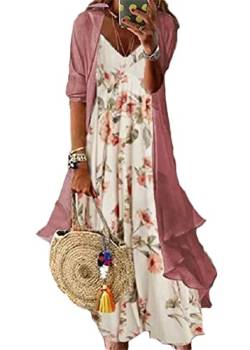 shownicer Damen Kleider Strand A-Linie Kleid Langarm Sommerkleider Boho Lose Maxi Langes Kleider Große Größe Tüll Strickjacke A Rosa02 L von shownicer