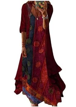 shownicer Damen Kleider Strand A-Linie Kleid Langarm Sommerkleider Boho Lose Maxi Langes Kleider Große Größe Tüll Strickjacke A Rot XL von shownicer