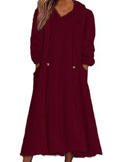 shownicer Damen Lang Fleece Kleid mit Kapuze Langarm Rundhals Hoodie Lässige Lose Kapuzenpullover-Kleid Warme Plüsch Longpullover mit Taschen Herbst Winter A Rot XL von shownicer