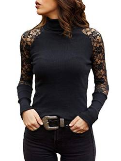 shownicer Damen Langarmshirt Bluse Elegante Rollkragen Spitze Stretch Oberteile Basic Langarm Casual Sexy Sweatshirt T-Shirt Tunika Tops A Schwarz M von shownicer