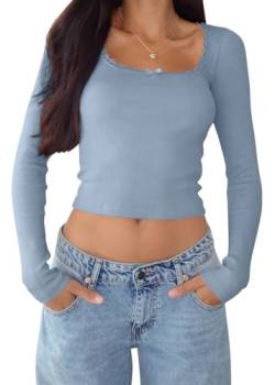 shownicer Damen Langarmshirt Y2k Tops Sexy Oberteil U-Ausschnitt Einfarbig Langarm Crop Top Aesthetic Clothes Slim Oberteile Mädchen Outfits Streetwear A Blau S von shownicer