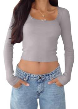 shownicer Damen Langarmshirt Y2k Tops Sexy Oberteil U-Ausschnitt Einfarbig Langarm Crop Top Aesthetic Clothes Slim Oberteile Mädchen Outfits Streetwear A Grau S von shownicer