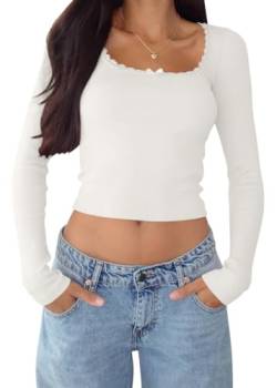 shownicer Damen Langarmshirt Y2k Tops Sexy Oberteil U-Ausschnitt Einfarbig Langarm Crop Top Aesthetic Clothes Slim Oberteile Mädchen Outfits Streetwear A Weiß XS von shownicer