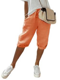 shownicer Damen Leinenhose Sommer Knielang Kurze Hosen Leicht und Luftig Locker Hohe Taille Caprihose Elastisch Einfarbig Strandhose Stoffhose Casual Pants mit Kordelzug A Orange 3XL von shownicer