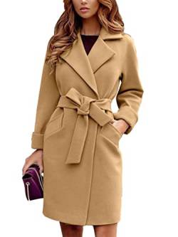 shownicer Damen Mantel Elegant Lang Wollmantel Mode Langarm Umlegekragen Einfarbig Trenchcoat Warme Outwear Herbst Winter Jacke mit Gürtel A Khaki L von shownicer