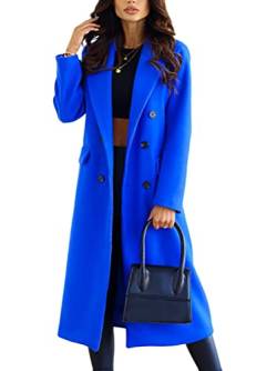 shownicer Damen Mantel Elegant Lang Wollmantel Mode Langarm Umlegekragen Einfarbig Trenchcoat Warme Outwear Herbst Winter Jacke mit Gürtel D Blau L von shownicer