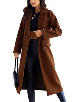 shownicer Damen Mantel Elegant Lang Wollmantel Mode Langarm Umlegekragen Einfarbig Trenchcoat Warme Outwear Herbst Winter Jacke mit Gürtel D Braun XL von shownicer