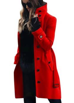 shownicer Damen Mantel Wintercoat Revers Zweireihiger Mantel Knielang Trenchcoat Winter Lang A-Linie Jacke Outwear C Rot L von shownicer