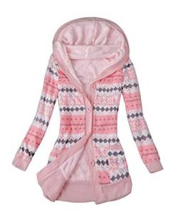 shownicer Damen Mit Kapuze Langen Loose gestreift Warm Dicke Samt Gestrickt knopf Strickjacke Outwear Mäntel Tunika Parka Hoodie Rosa XXL von shownicer