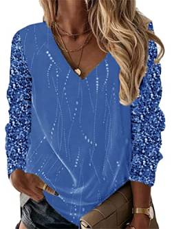 shownicer Damen Oberteile Casual V-Ausschnitt Langarmshirt Elegant Pailletten Print Bluse Lose Pullover Tshirt Casual Tops A Blau 3XL von shownicer