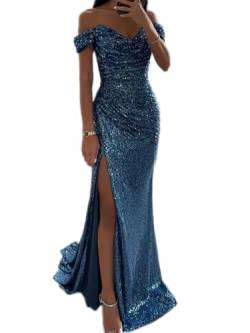 shownicer Damen Pailletten Abendkleid Sexy Schulterfrei Hohe Taille Seitenschlitz Lang Kleid Maxikleid Elegant V-Ausschnitt Cocktailkleid Ballkleider A Blau XL von shownicer