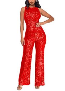 shownicer Damen Pailletten Jumpsuit Elegant Ärmellos Hohe Taille Cocktail Party Festlich Overalls Hosenanzug Playsuit Lang Romper A Rot XXL von shownicer