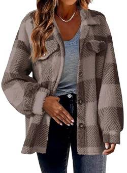 shownicer Damen Plüschjacke Kariert Gefütterte Fleece Jacke Winterjacke Plaid Mantel Reißverschluss Herbst Winter Warme Outwear Mit Kapuze Taschen A Kaffee M von shownicer